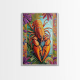 Lobster Coastal, Nautical, Kitchen, Framed Canvas Print, Bold orange lobster art with tropical florals, great coastal kitchen wall art