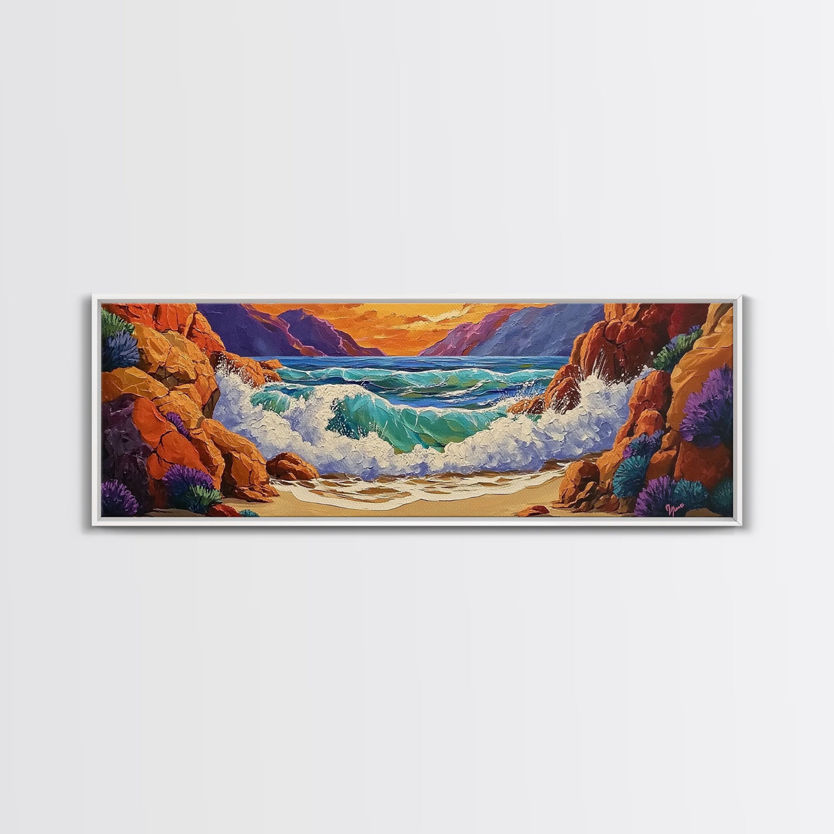 Ocean Wave, Rocky Coast, Vibrant Sunset, Nature Seascape, Framed Canvas Print, Coastal Wall Art, Beach Bathroom Decor, Colorful Seascape Art