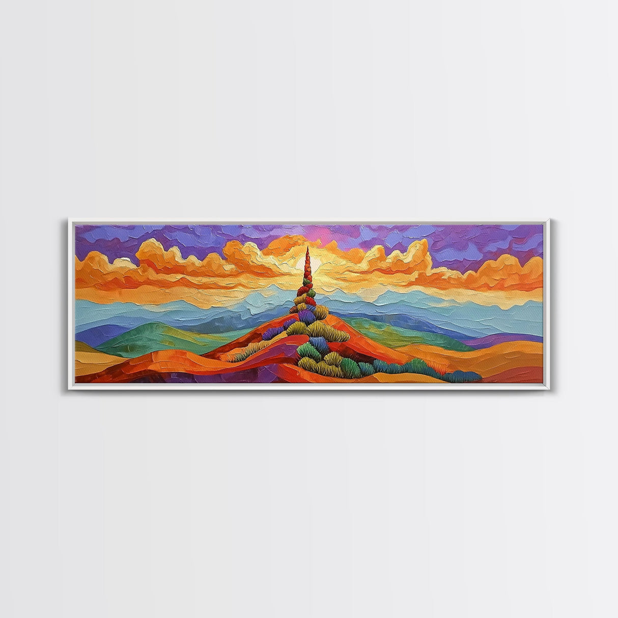 Colorful Mountain Sunrise, Bold Landscape Painting, Southwest Decor, Living Room Wall Art, Modern Boho Style Framed Canvas Print, Bedroom art