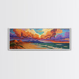Peaceful Coastal Beach, Colorful Sunset Clouds, Tranquil Ocean Scene, Relaxing Bedroom Wall Art Framed Canvas Print, Bedroom Wall Decor