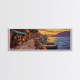 Harbor Village Sunset, Vibrant Coastal Town Painting, Mediterranean Art, Kitchen or Hallway Decor Framed Canvas Print, Beach House Wall Art