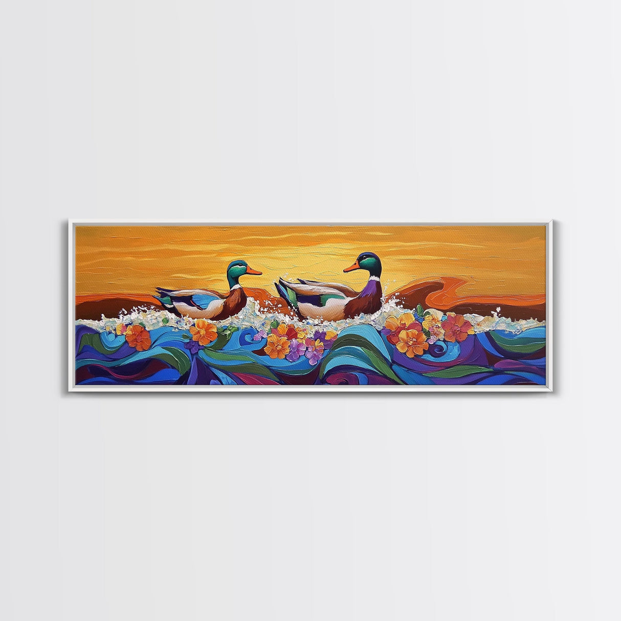 Ducks On Waves, Colorful Animal Art, Whimsical Sunset, Floral Ocean Scene, Canvas Print, Fun Kitchen Art, Kids Room Wall Art