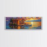 Floating Home, Lake Sunset, Tranquil Retreat, Framed Canvas Print, peaceful wall art, waterfront decor, lakehouse artwork