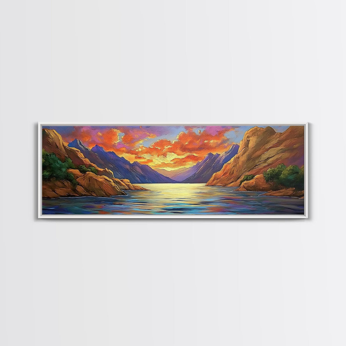 Sunset Lake, Mountain Reflection, Nature Glow, Framed Canvas Print, Scenic Wall Art, Autumn Decor, Cabin Artwork, Rustic Landscape Art
