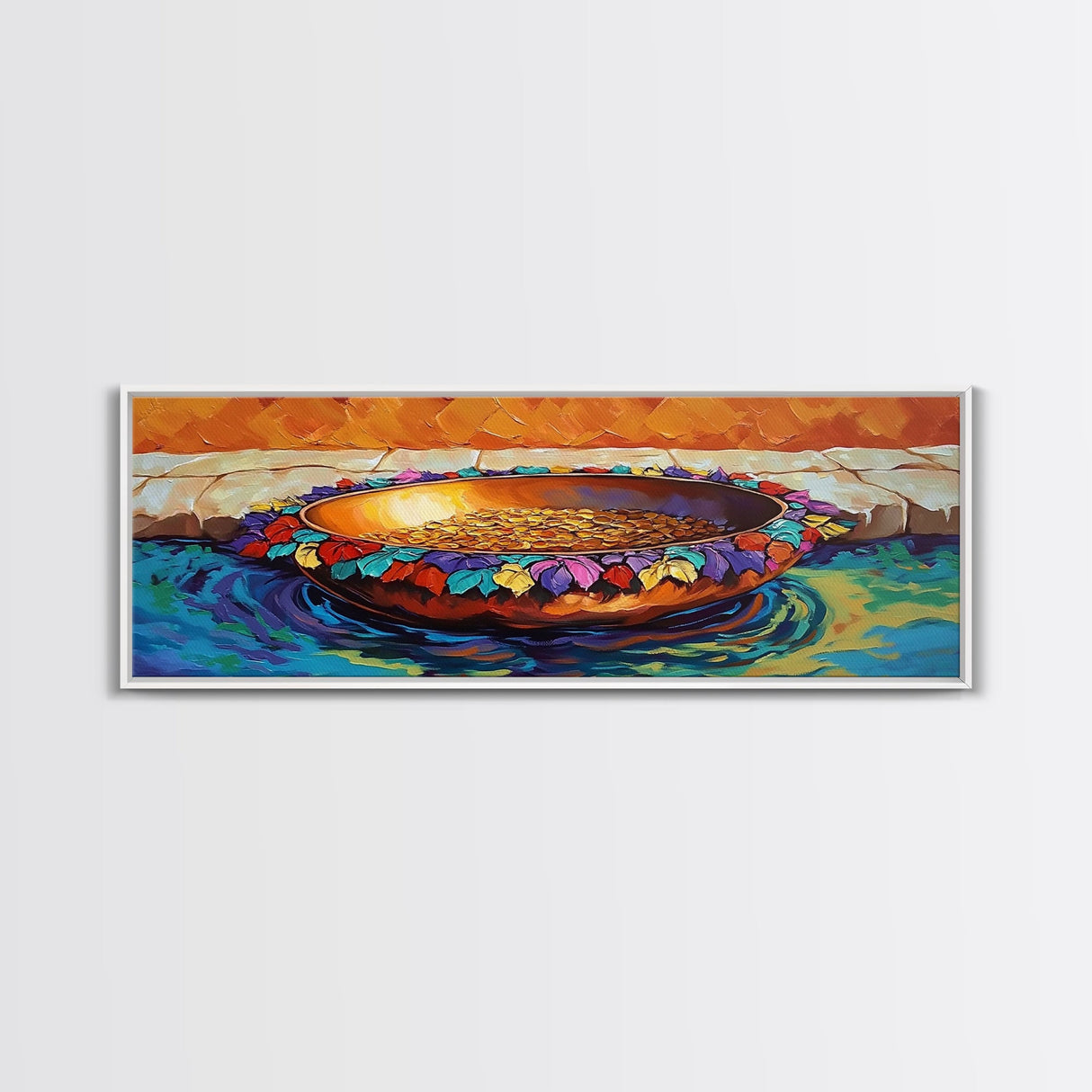 Gold Coins, Water Bowl, Vibrant Still Life, Framed Canvas Print, Kitchen Wall Art, Autumn Accent, Southwestern Art, Colorful Painting