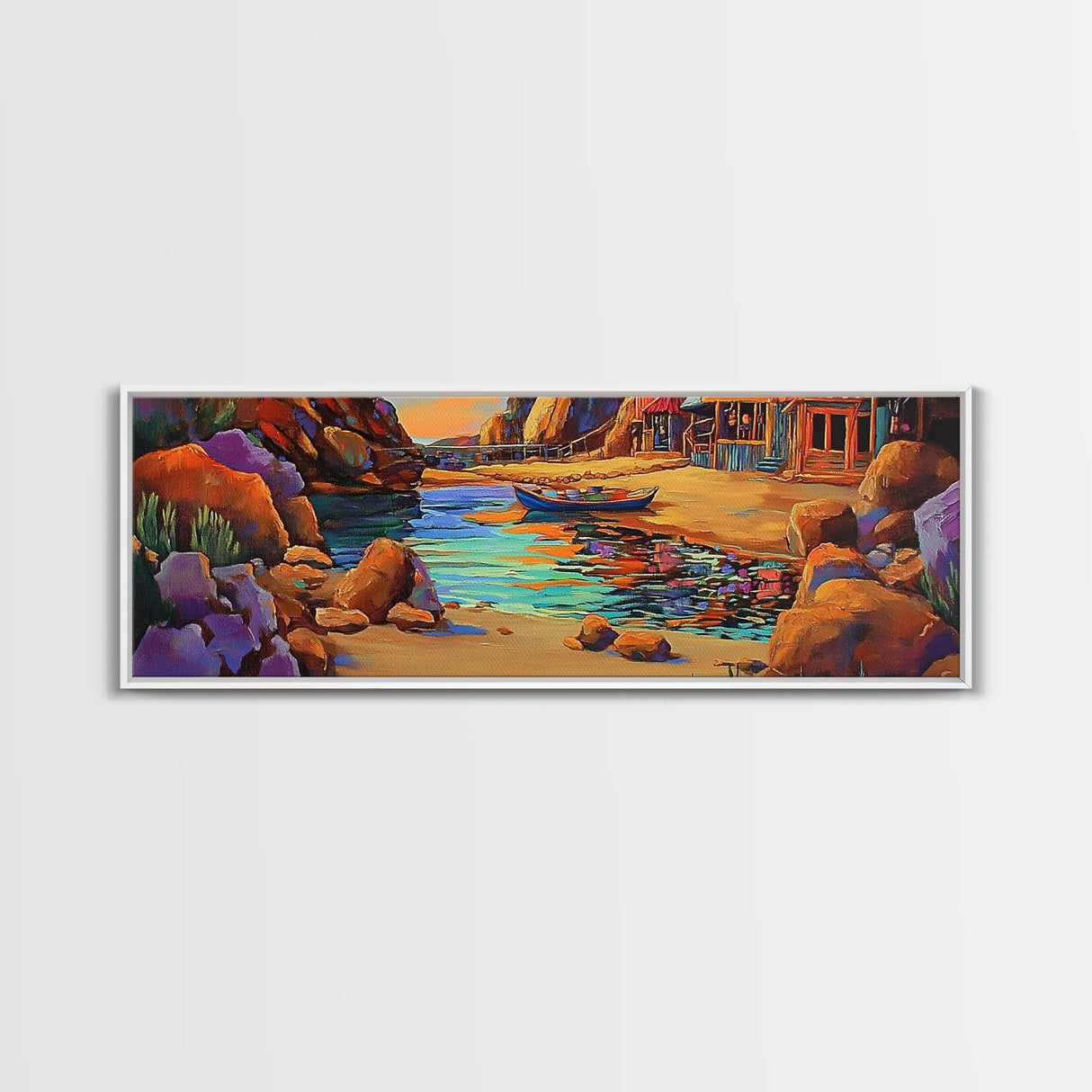 Rustic Cove, Rowboat Reflection, Coastal Vibes, Framed Canvas Print, Beach House Decor, Nautical Wall Art, Colorful Seascape