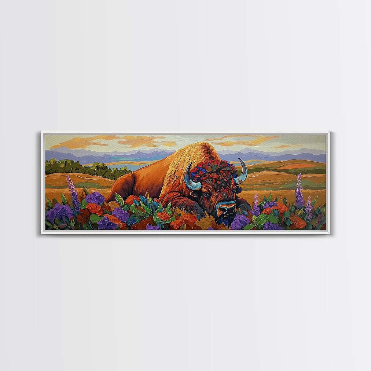 Resting Bison, Sunset Plains, Prairie Wildflowers, Framed Canvas Print, Autumn Decor, Western Wall Art, Cabin Living Room Accent