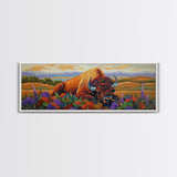 Resting Bison, Sunset Plains, Prairie Wildflowers, Framed Canvas Print, Autumn Decor, Western Wall Art, Cabin Living Room Accent