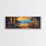 Ocean Escape, Sunset Garden, Floral Coastal Scene, Mediterranean Vibes, Framed Canvas Print, Kitchen Wall Art, Bold Color Artwork