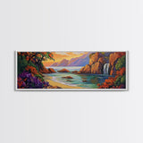 Waterfall Cove, Sunset Seascape, Tropical Paradise, Nature Retreat, Framed Canvas Print, Bathroom Wall Art, Vibrant Coastal Art