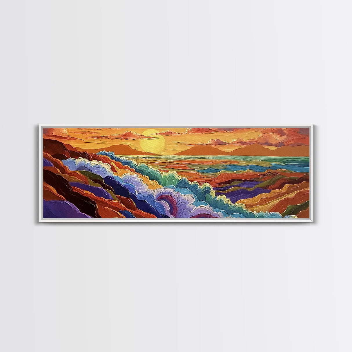 Rainbow Waves, Abstract Seascape, Sunset Magic, Bold Ocean Energy, Framed Canvas Print, Modern Wall Art, Artistic Living Room Decor