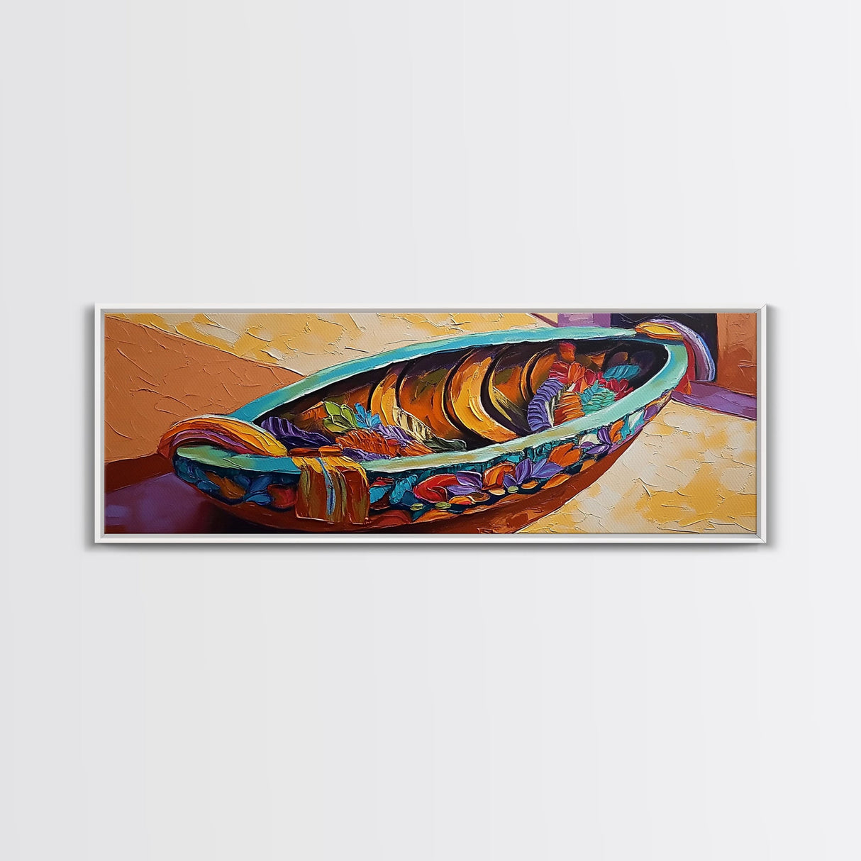 Colorful Fruit Bowl, Tropical Kitchen Art, Bright Banana Still Life, Framed Canvas Print, Boho Dining Room Wall Art