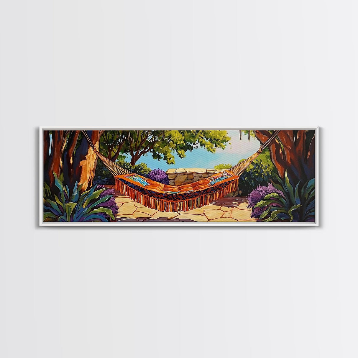 Hammock Retreat View, Relaxing Outdoor Space, Nature Art, Framed Canvas Print, summer art, patio decor, boho style, bedroom wall