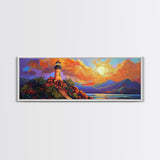 Lighthouse Sunset, Coastal Path, Mountain Horizon, Framed Canvas Print, nautical wall art, romantic sunset, boho living room decor