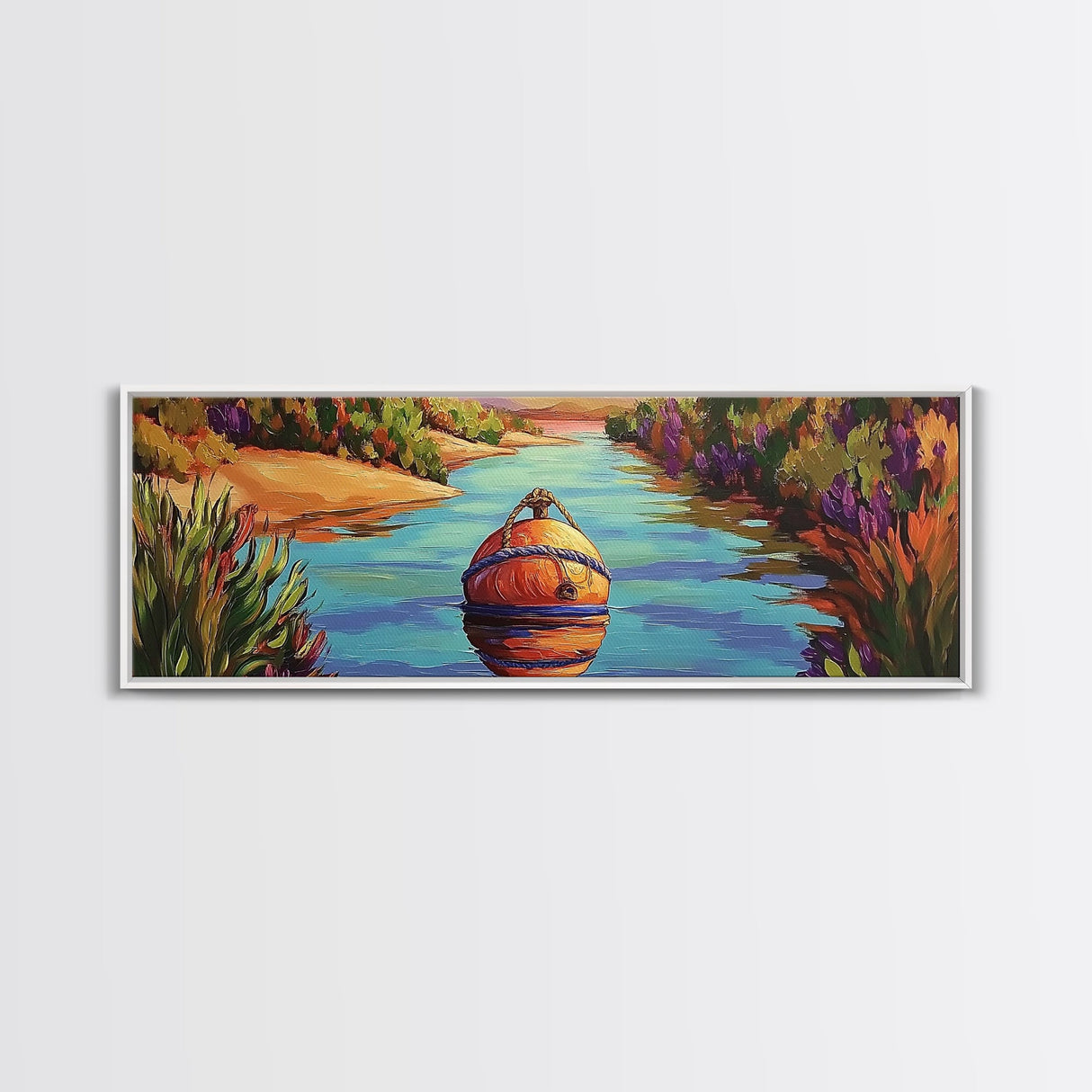 Buoy Painting, River Calm, Coastal Reflection, Peaceful Dock, Canvas Print, lake cabin art, nautical wall decor, colorful waterway scene