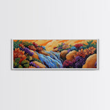 Waterfall Garden Scene, Colorful Floral Cascade, Fantasy Nature Artwork, Framed Canvas Print, Vibrant Bathroom or Entryway Art