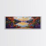 Autumn Lake Reflection, Tranquil Nature Painting, Fall Forest Sunset, Framed Canvas Print, Cozy Living Room or Cabin Wall Decor