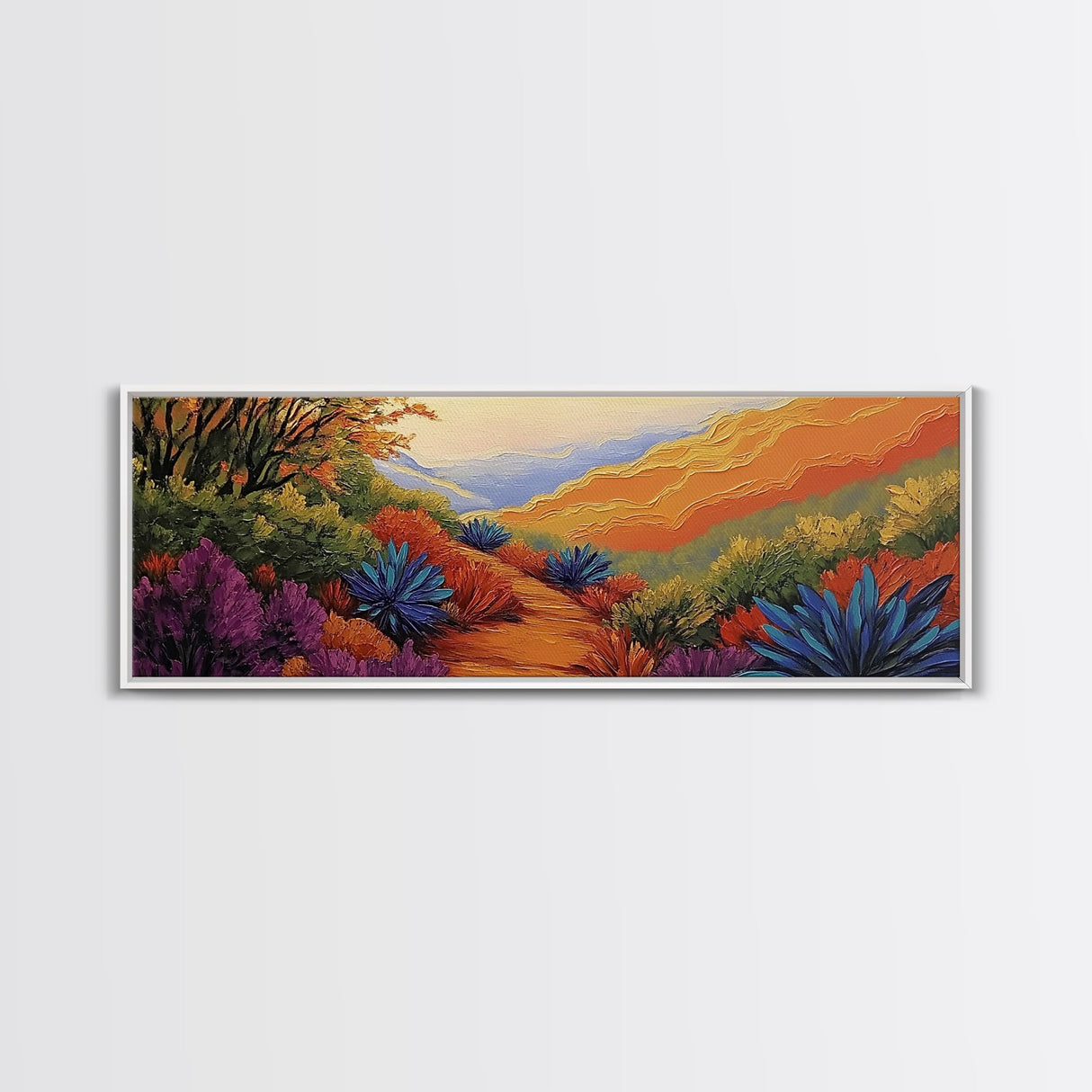 Vibrant Desert Path, Bold Landscape Painting, Agave and Sunset View, Framed Canvas Print, Southwest Kitchen or Hallway Wall Art