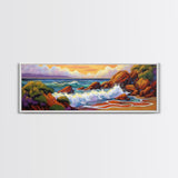 Ocean Wave Crash, Coastal Rock Shore, Vibrant Seascape Painting, Framed Canvas Print, Beach Bathroom or Nautical Living Room Art