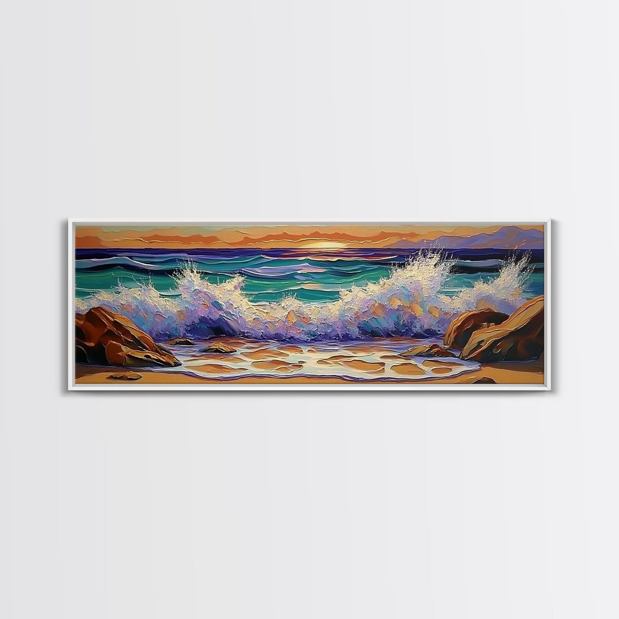 Crashing Waves Sunset, Seaside Landscape Art, Modern Beach Wall Decor, Living Room Accent, Framed Canvas Print, Coastal Vibes