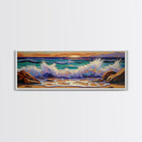 Crashing Waves Sunset, Seaside Landscape Art, Modern Beach Wall Decor, Living Room Accent, Framed Canvas Print, Coastal Vibes