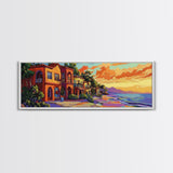Coastal Village Sunset, Beach House Art, Vibrant Colorful Home Decor, Tropical Wall Style, Framed Canvas Print, Vacation Vibes