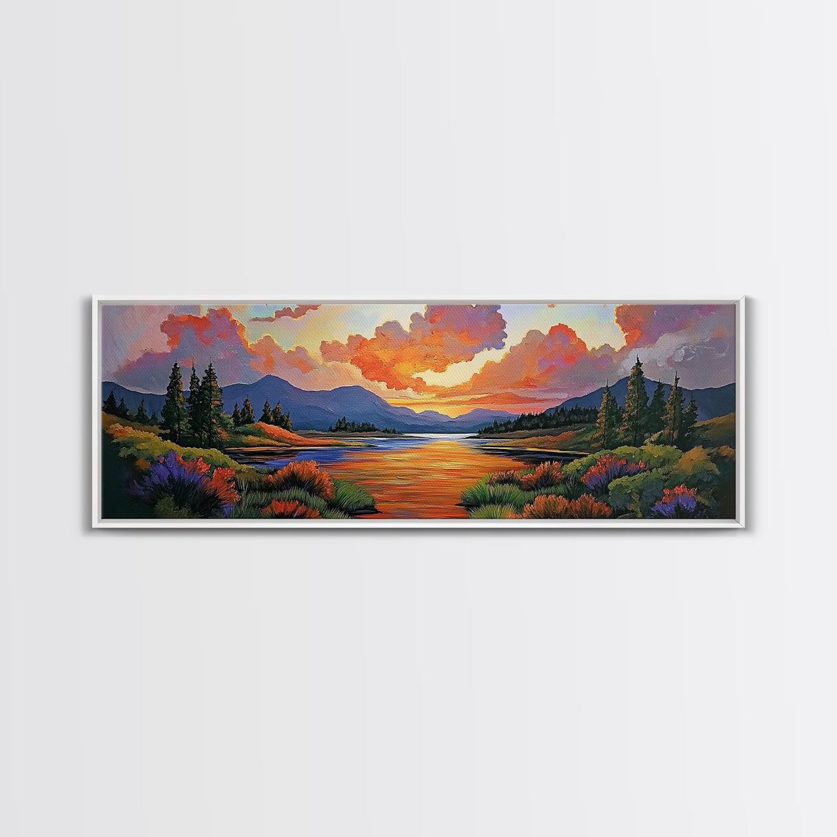 Sunset River, Nature Glow, Autumn Lake, Canvas Print, colorful sunset landscape, rustic mountain scene, Fall decor, cabin wall art