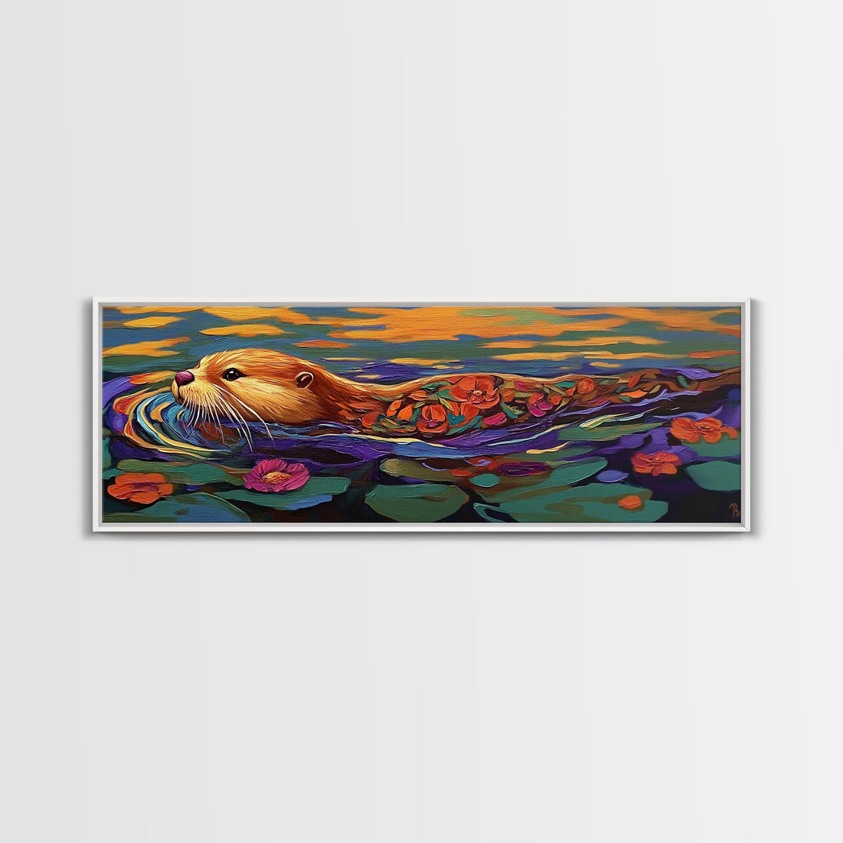 Whimsical Otter, Floral Animal, Playful River, Canvas Print, cute otter painting, animal nursery decor, boho animal print
