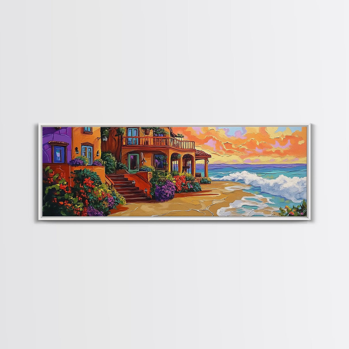 Coastal Villa, Ocean View, Sunset Beach, Canvas Print, Mediterranean house art, colorful seaside decor, boho kitchen art