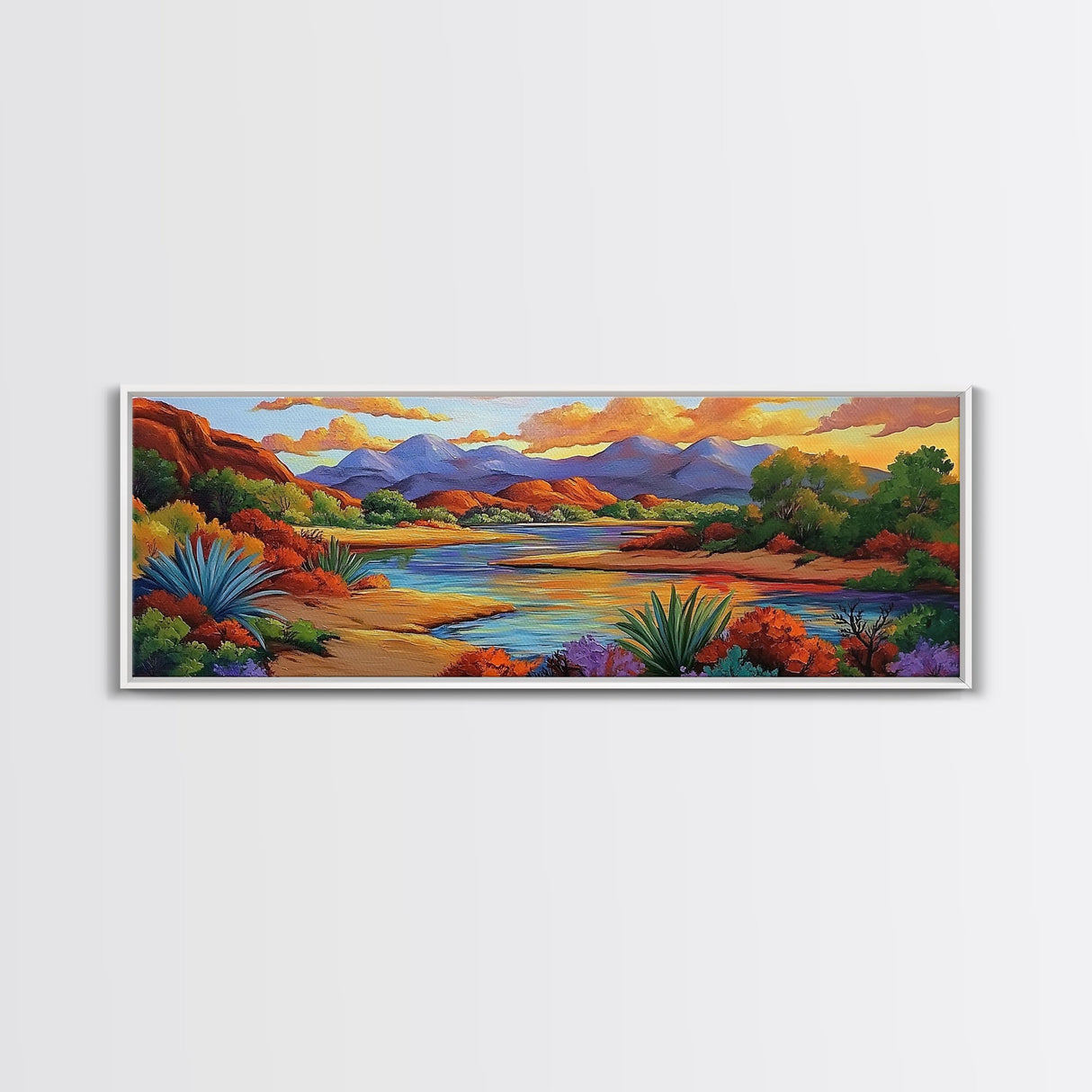 Desert River Colors, Southwest Landscape, Mountain Sunset, Framed Canvas Print, Living Room Wall Art, Earthy Tones, Fall Boho Decor