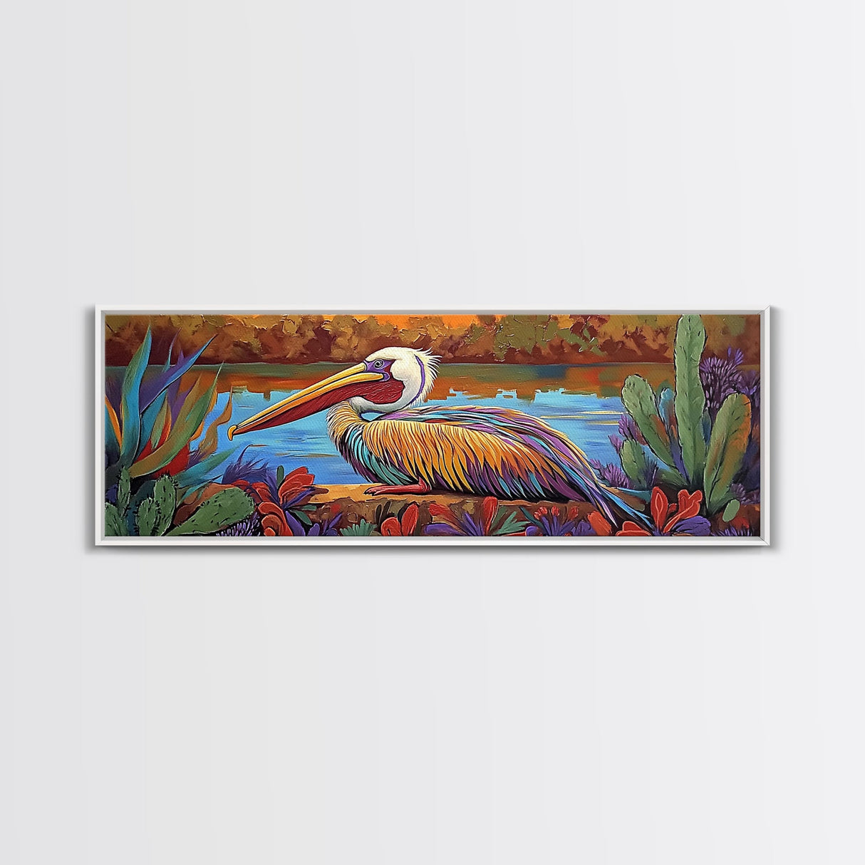 Colorful Pelican, Tropical Bird, Lake Wildlife, Autumn Palette, Framed Canvas Print, Boho Nature Wall Art, Dining Room Bird Artwork