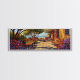 Garden Patio, Seaside Escape, Bright Cottage, Floral Path, Framed Canvas Print, Summer Porch Art, Kitchen Courtyard Painting