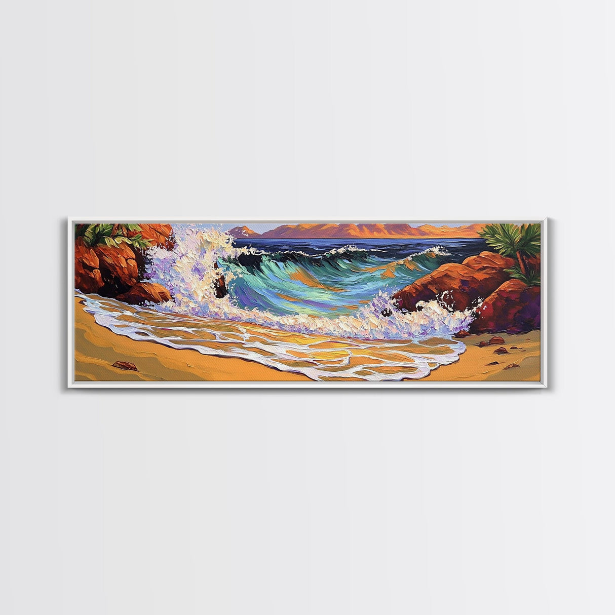 Wave Crash, Rocky Beach, Golden Coast, Tropical Splash, Framed Canvas Print, Coastal Wall Art, Bold Bathroom Decor, Surf Art Style