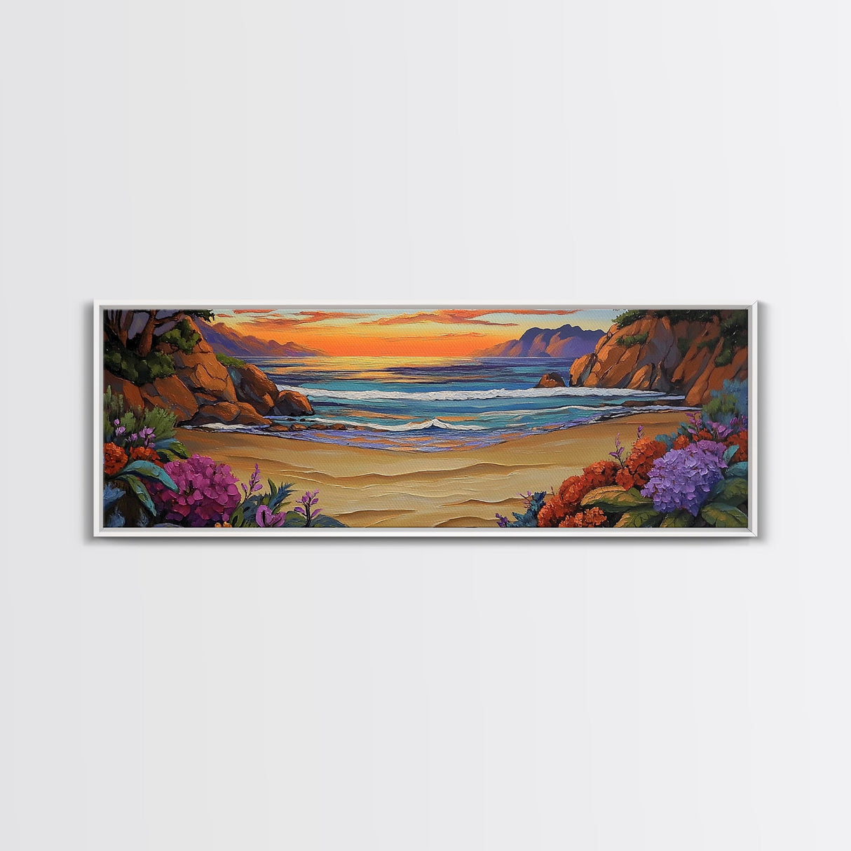 Tranquil Beach Sunset, Colorful Coastal Scene, Ocean Cliff View, Floral Accents, Framed Canvas Print, Dining Room art,  Office Art