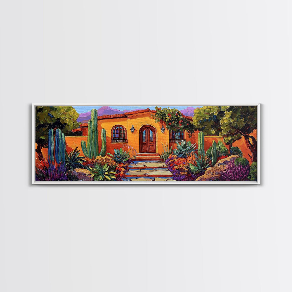 Southwest Garden Entrance, Cactus Desert Home, Rustic Charm, Framed Canvas Print, Living Room Wall Art, Vibrant Adobe Artwork