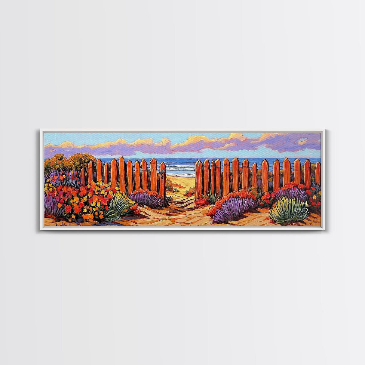 Beach Fence Trail, Ocean Coastal View, Sandy Pathway, Framed Canvas Print, Vibrant Seaside Art, Bathroom or Entryway Decor