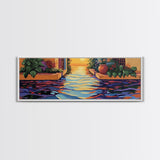 Sunset Canal Garden, Water Reflections, Warm Floral Courtyard, Framed Canvas Print, Kitchen Wall Art, Romantic Boho Artwork
