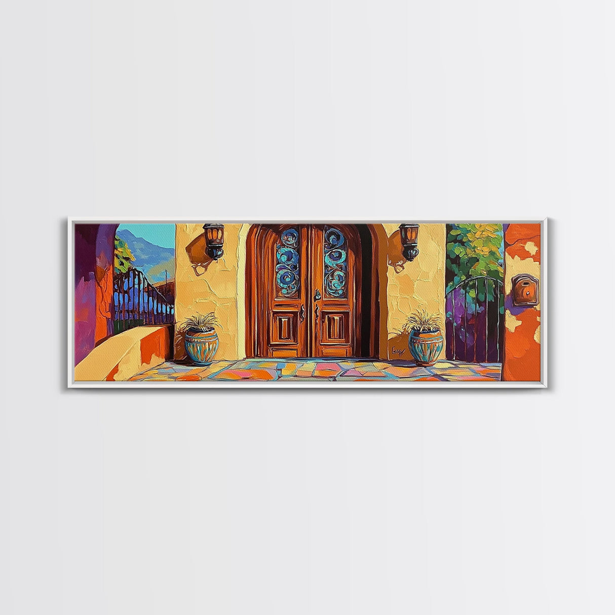 Spanish Doorway Scene, Rustic Entrance Art, Bold Exterior Decor, Framed Canvas Print, Hallway Wall Art, Mediterranean Style
