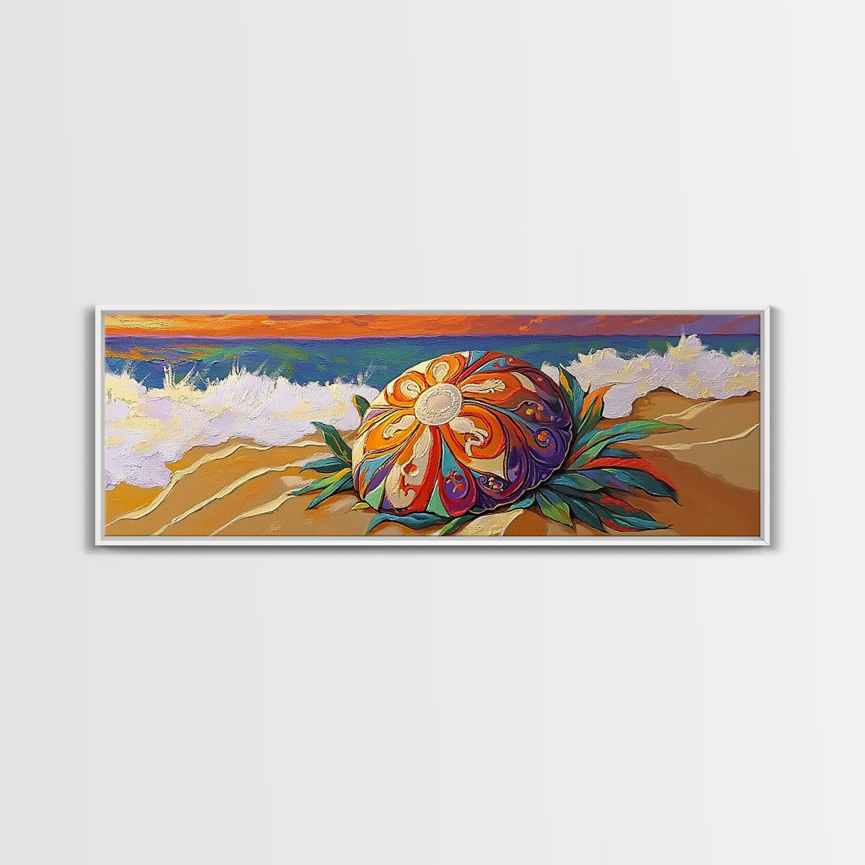 Sea Shell Flower, Ocean Breeze, Sunset Shoreline, Whimsical Beach Framed Canvas Print, Bathroom Wall Art, Tropical Coastal Art