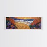 Tropical Cove, Sunset Beach, Colorful Blooms, Coastal Escape Framed Canvas Print, Bedroom Wall Art, Bold Landscape Painting