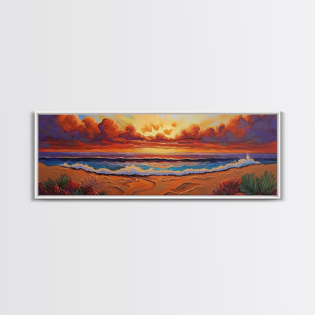 Sunset Coastline, Dramatic Sky, Evening Surf, Autumn Horizon Framed Canvas Print, Dining Room Wall Art, Moody Coastal Art