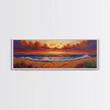 Sunset Coastline, Dramatic Sky, Evening Surf, Autumn Horizon Framed Canvas Print, Dining Room Wall Art, Moody Coastal Art