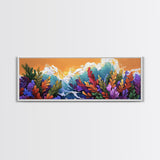 Ocean Blooms, Sunset Waves, Colorful Florals, Seaside Garden, Framed Canvas Print tropical living room wall art, coastal print