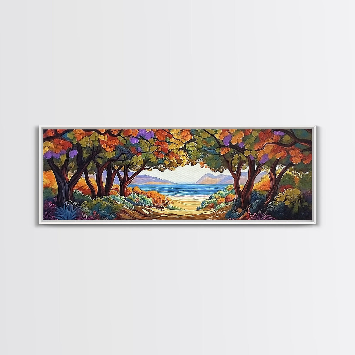 Seaside Trees, Autumn Canopy, Ocean View, Coastal Path, Framed Canvas Print colorful fall wall art, entryway decor, boho nature scene
