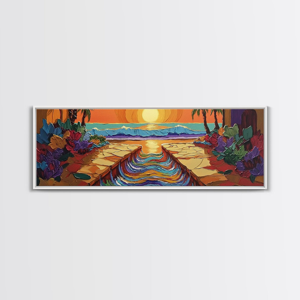 Sunset Path, Ocean View, Tropical Flowers, Canvas Print, Vibrant Beach House Wall Art, Bold Color Decor, Coastal Living Room Art