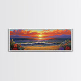 Sunset Shoreline Glow, Coastal Floral Painting, Serene Nature Art, Canvas Print, Boho Beach Decor, Living Room or Bedroom Wall Art