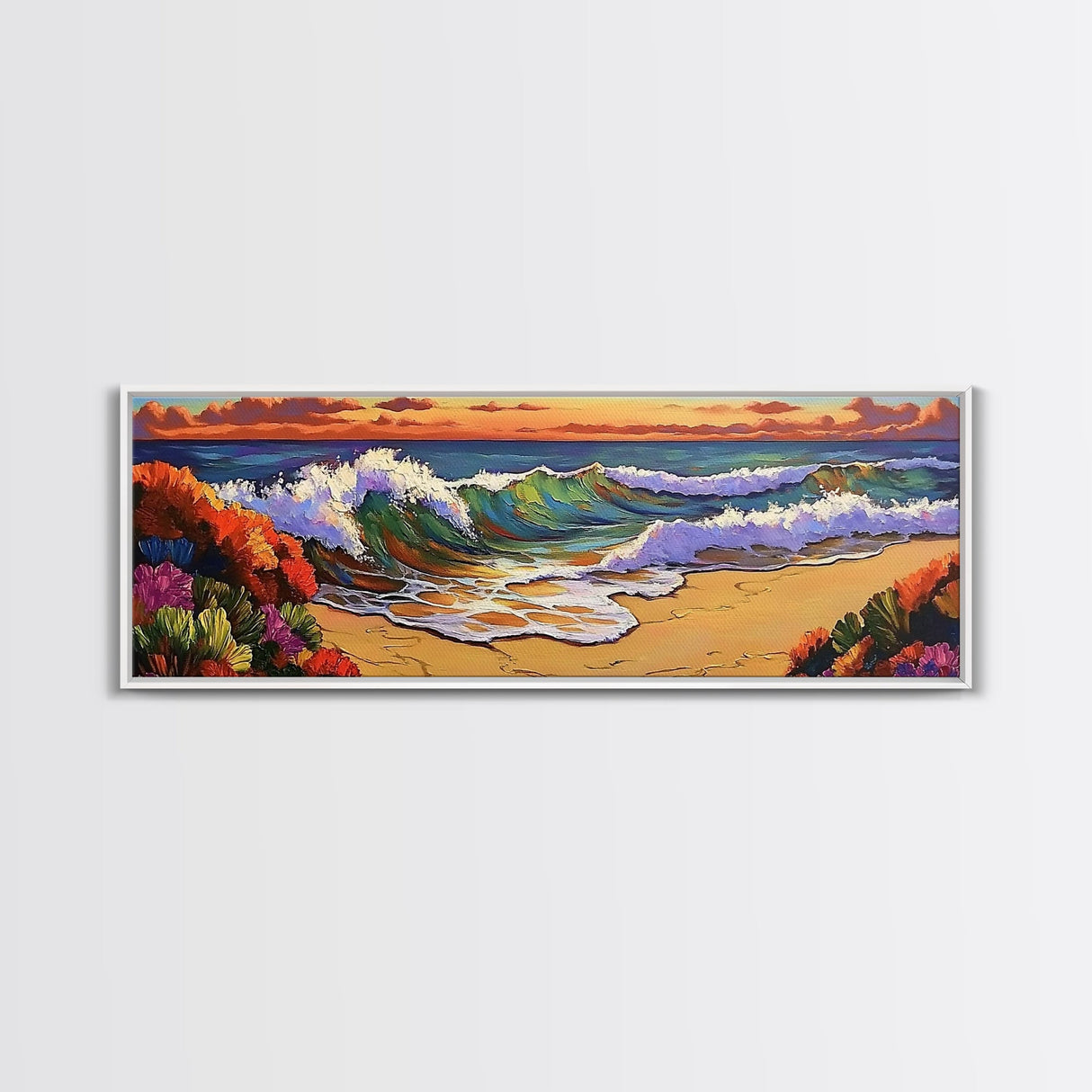 Ocean Curl, Autumn Surf, Sunset Beach, Floral Waves, Framed Canvas Print, Living Room Wall Art, Fall Coastal Painting, Bold Decor