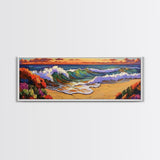 Ocean Curl, Autumn Surf, Sunset Beach, Floral Waves, Framed Canvas Print, Living Room Wall Art, Fall Coastal Painting, Bold Decor