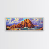 Rocky Beach Escape, Sunset Ocean View, Coastal Nature Art, Canvas Print, Tropical Wall Art, Bold Color Decor, Bedroom Seascape Art