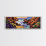 Rocky Shore, Ocean Splash, Sunset Cove, Botanical Scene, Framed Canvas Print, vibrant coastal wall art, beach bathroom decor, ocean vibe